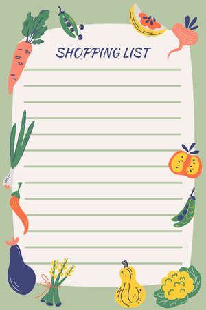 Shopping list with vegetables. Garden food. Hand Draw Healthy food. Notebook diary. Notepad stationery. Farming ingredients, vegetarian. Page template with lines for writing a shopping list. Vectorのイラスト素材