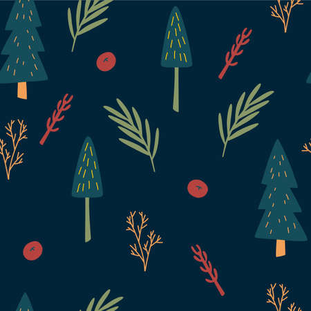 Christmas tree seamless pattern. Scandinavian style woodland plants. Botanical wrapping paper. Forest meadow vector background. Christmas trees, branches, herbs and berries. Hand drawn vectorのイラスト素材