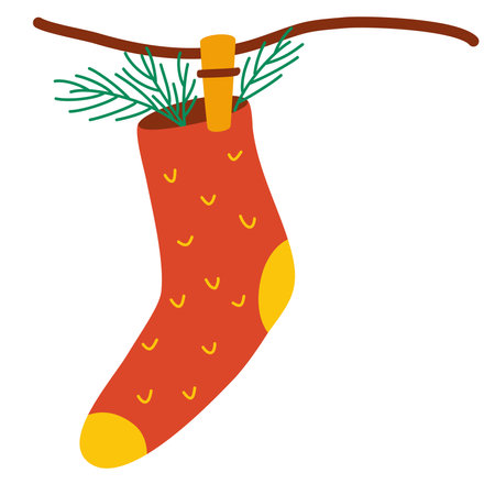 Christmas socks for gifts hanged on a clothesline. Happy winter holiday. Christmas decoration. Blank for a greeting card, New Year s design. Flat vector illustration isolated on white backgroundのイラスト素材