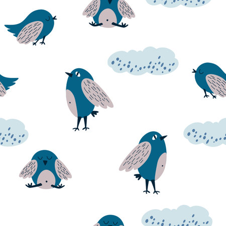 Birds and clouds seamless pattern. Hand draw cute birds soaring in the clouds. Funny pigeons. For fabric, postcards, prints, posters, covers, wallpaper. Vector illustration.のイラスト素材