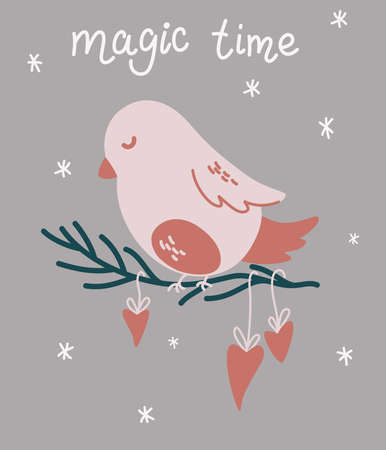 Christmas bird is sitting on a branch. Magic time. Template of Christmas card for xmas design with bird and lettering. Winter holiday symbol. Vector hand draw cartoon illustration.のイラスト素材