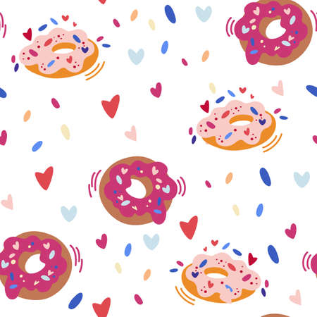 Donuts seamless pattern. Colorful donuts or donuts with sprinkles and icing tossed. Perfect for Valentine's day, decor, textile, wallpaper, print. Vector cartoon illustration.のイラスト素材