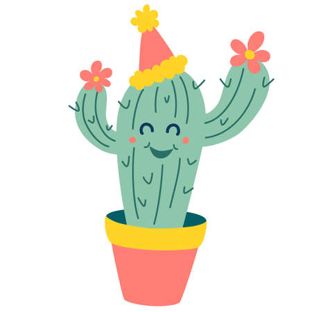 Cartoon cactus. Happy Cute Tropical Exotic Cactus Character in a festive hat. Vector illustration. Isolate on a white background.のイラスト素材