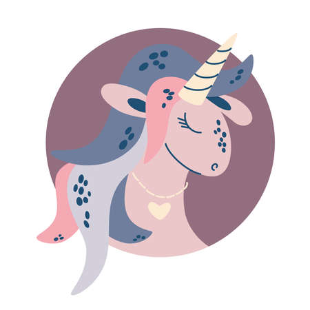 Cute Unicorn. Magical pink Pegasus head. Fairytale for baby. Postcard with mythical animal. Kids fashion artworks, baby graphics for wallpapers and prints. Vector illustration on white backgroundのイラスト素材