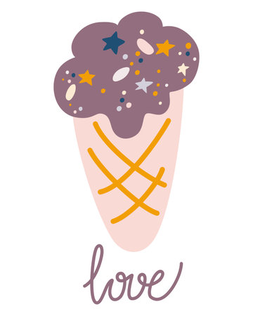 Ice cream in a waffle cup. Sweet dessert. Boho style. Perfect for printing postcards restaurants menus. Hand Draw Vector illustration. Isolated on the white background.のイラスト素材
