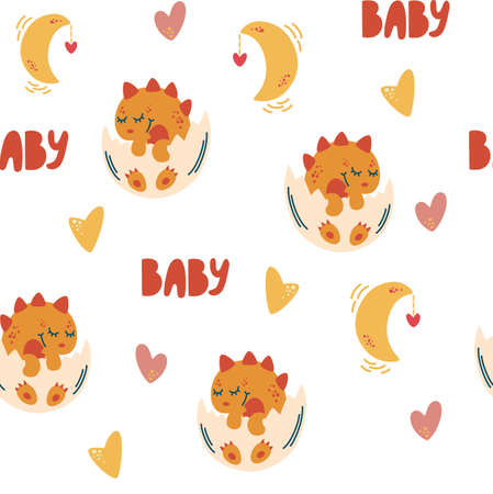 Little dinosaur seamless pattern. Cute little dinosaur in egg, hearts, moon and lettering. Print for fabric, textile, apparel, wrapping paper. Kids texture. Hand draw Vector illustration.のイラスト素材