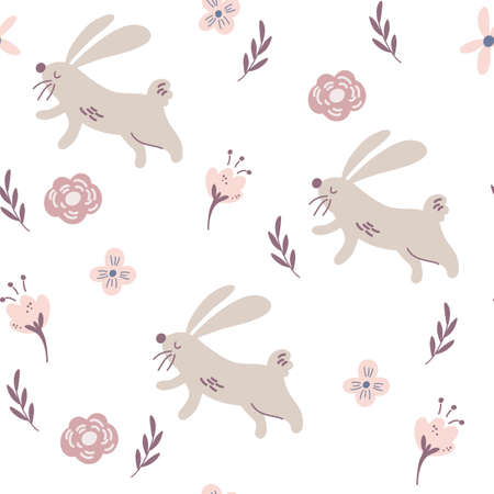 Cute rabbits and flowers seamless pattern. Seamless background for nursery, baby and kids products, fabric, stationery, textile. Spring and easter theme. Hand draw Vector illustration.のイラスト素材