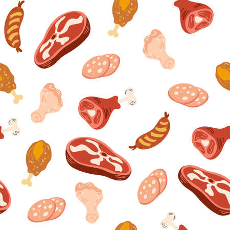 Meat products seamless pattern. Sausages, chicken, legs, steak, chop. Meat food background. For restaurants, shop menus, fabric, packaging, design or decor. Hand draw Vector illustration.のイラスト素材