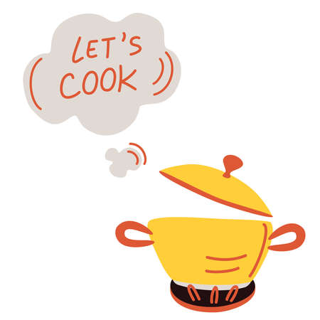 Pot of boiling food. Inscription Lets Cook. Cartoon boiling saucepan, cooking soup boiling on gas stove. Cooking pot with smoke, saucepan isolated preparation. Hand draw Vector illustration.のイラスト素材