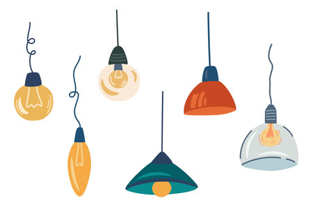 Set of different lamps. Furniture chandelier. Modern loft style. Creating an interior. Flat cartoon style. Vector illustrationのイラスト素材