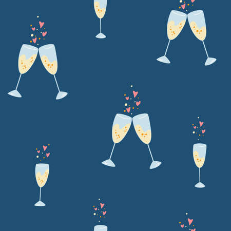 Champagne glasses seamless pattern. Celebration background with champagne glasses, hearts and bubbles. Perfect for wallpaper, textile, wrapping paper. Christmas, Birthday and Valentine day. Vectorのイラスト素材