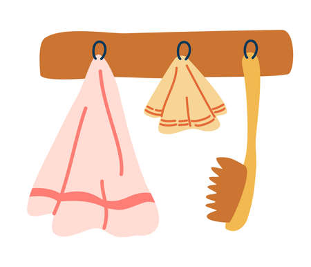 Hanger with bath accessories. Towels, massage brush. Clean home hygiene accessories. Set of towels hanging on hooks or holders. Textile for wiping. Hand draw vector illustration.のイラスト素材