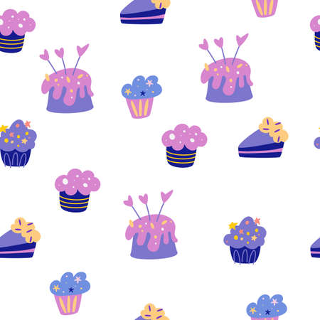 Birthday cream cakes seamless pattern. Muffins cakes and candles. Background for fabric, wrapping paper, textile, wallpaper and apparel. Greeting cards, invitations. Hand draw vector illustration.のイラスト素材
