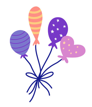 Bunch of balloons. Helium air balloon for birthday and party. Flying cartoon ballon with rope. Flat icon for celebrate and carnival. Hand draw modern vector illustration.のイラスト素材