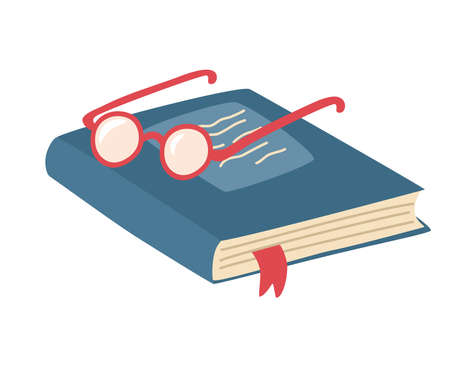 Book with glasses. Eyeglasses on book with bookmark. Literature, teaching. Concept of school and education. Hand drawn illustration isolated on white.のイラスト素材