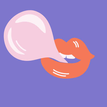 Lips inflate bubble gum. Feminism movement and sisterhood concept. Bubble gum sticker in comics style. Hand drawn cartoon illustration isolated on white.のイラスト素材