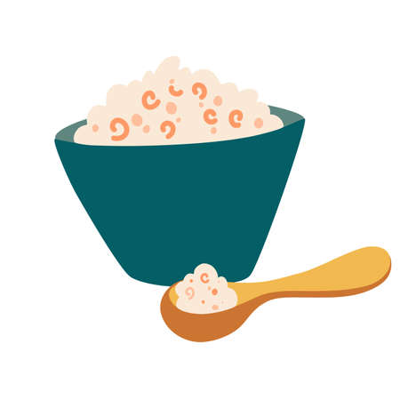Bath salt. Spa salt in plate with wooden spoon. Spa and wellness icon. Natural cosmetics for daily care. Love yourself. Vector cartoon illustrationのイラスト素材