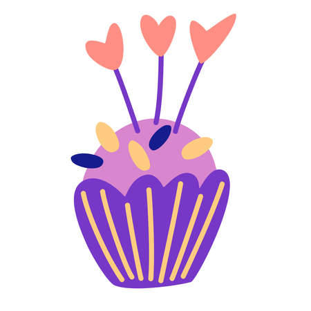 Muffin with hearts. Cupcake with icing. Sweet food. Valentine day, romantic, Birthday holiday symbol. Cartoon style dessert. Vector illustration for greeting card, print, stickers, posters design.のイラスト素材