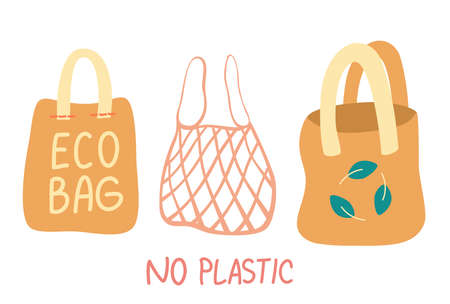 Eco bags set. Modern organic shopper, for trendy women. Fabric, mesh and wicker eco bag isolated on white background. No Plastic. Vector illustration on flat cartoon style.のイラスト素材