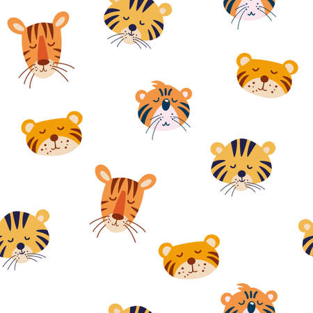 Tiger cubs muzzles seamless pattern. Colorful background with funny animal faces. Perfect for printing on fabric, clothing, wrapping paper, wallpaper, baby things. Vector illustration.のイラスト素材