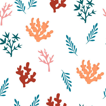 Seaweed seamless pattern. Underwater algae, corals background. Marine life. Great for fabric, textile. Vector cartoon Illustrationのイラスト素材