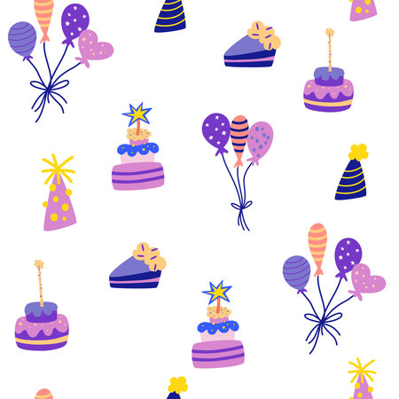 Birthday cake and balloons seamless pattern. Holiday Party elements, ballon, cake, candle, hat. Good for decoration children party. Great for fabric, textile. Vector cartoon Illustrationのイラスト素材