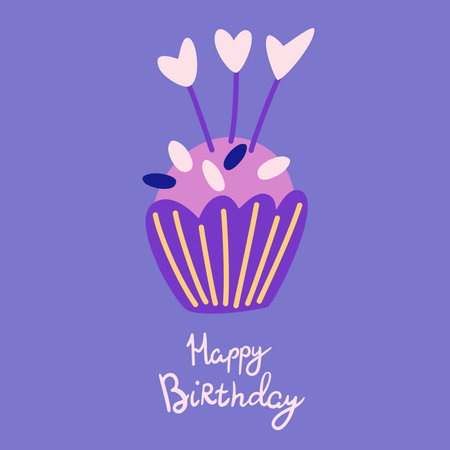 Birthday cake. Sweet muffin with candles and hearts. Birthday card. Great for poster, card, apparel...