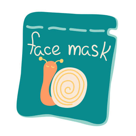 Moisturizing Face Mask. face mask with snail. Packaging Facial mask. Cosmetics for face and self care. Hand draw Vector cartoon illustration.のイラスト素材