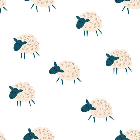 Sheep seamless pattern. Colorful background with animals. Fluffy wool lamb background for fabric, textile, paper, wallpaper, wrapping or greeting card. kids elements. Vector cartoon illustrationのイラスト素材