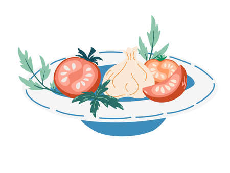 Tomatoes with mozzarella and herbs. Caprese salad, Mozzarella Cheese, sliced tomatoes, basil, oregano spice. Healthy vegetarian food. Perfect for postcard, banner, menu, restaurant. Vectorのイラスト素材