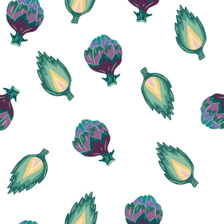 Artichokes seamless pattern. Green vegetable whole and half. Vegetarian Healthy Food. farm market product. Great for menu, packaging design, fabric. Vector cartoon illustrationのイラスト素材