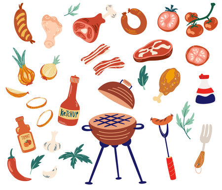 Barbecue. BBQ party, grill or picnic. Collection of barbecue equipment, grill, skewer, sausages, seasonings, chicken and meat, vegetables and sauce isolated on white. vector illustrationのイラスト素材