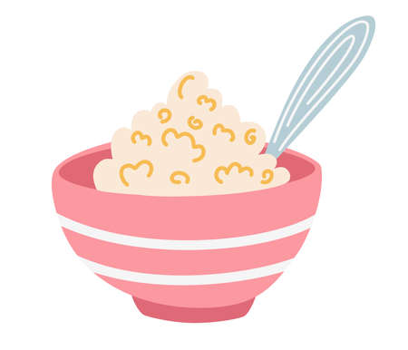 Plate of cottage cheese. Food Rich In Proteins. natural and healthy nutrition. For food concept, milk production. Organic diet flat sign. Hand Drawn Cartoon Vector illustration.のイラスト素材