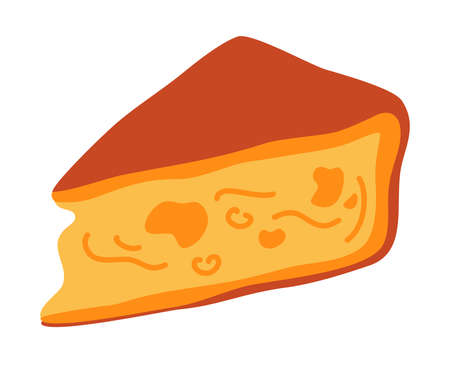 cut cheese piece. Cut into triangles and slices of delicious cheese. Triangular piece of fresh yellow cheese in cartoon flat style. Vector illustration of dairy farm product. icon.のイラスト素材