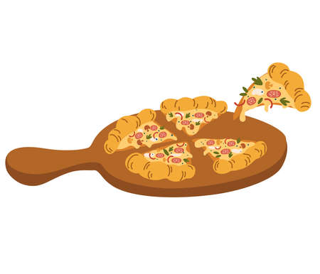 Pizza on a wooden stand. Delicious pizza with mozzarella cheese, sausage, mushrooms, herbs and pepper. Traditional Italian fast food. Vector hand draw cartoon illustrationのイラスト素材