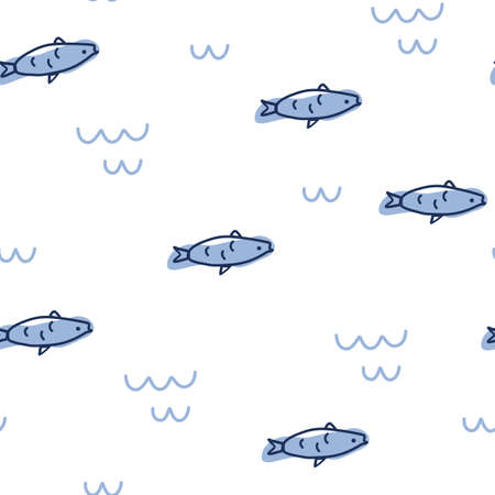fish seamless pattern. Perfect for fabric, packaging, wallpaper, textiles, clothing. Cartoon Sea Animals Vector illustration in Scandinavian styleのイラスト素材