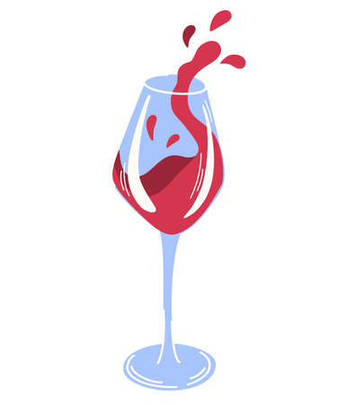 Glass of red wine. Alcoholic beverage. Red wine splashes from a glass. Perfect for poster, print design, bar menu design. Vector cartoon illustration isolated on the white background.のイラスト素材