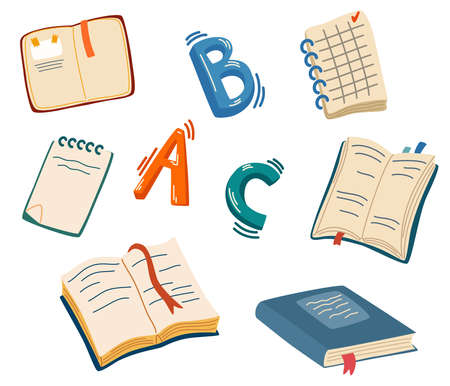 Books and English letters. Set for learning to read, language, literature and notebooks. school supplies. study. Vector cartoon illustration isolated on the white background.のイラスト素材