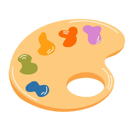 Wooden palette with paints. Item for drawing creativity and study. Vector cartoon illustration isolated on the white backgroundのイラスト素材