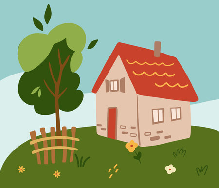 Landscape with a country house. Cute, stone house with a tree, fence and a clearing of flowers. Rural life. Perfect for printing banners postcards and invitations. vector cartoon illustration.のイラスト素材