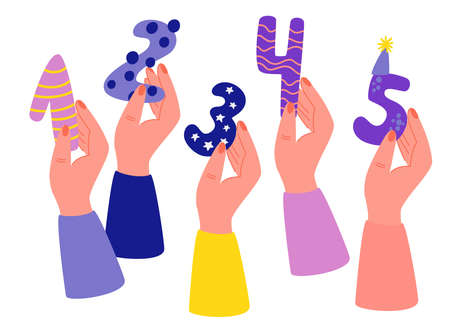 Hand hold numbers. Holiday numbers for birthday and party. Votes jury judges of tournament or contest. Hand Drawn Cartoon Vector illustration.のイラスト素材