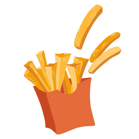 french fries. Fast food in a red packing box. Fried potatoes. Fatty, unhealthy food. Vector cartoon...