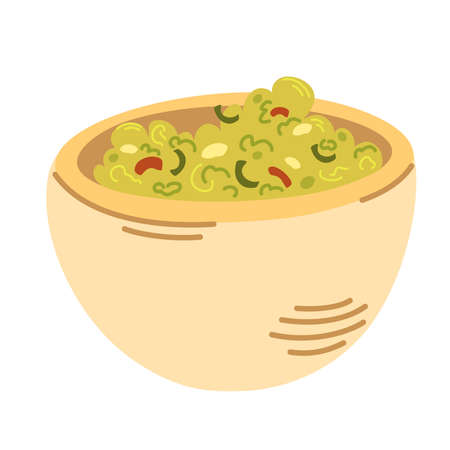 Guacamole. Mexican food guacamole with nachos, avocado, pepper, lime and spices. Delicious, healthy food, snack. Hand Drawn Cartoon Vector illustration.のイラスト素材