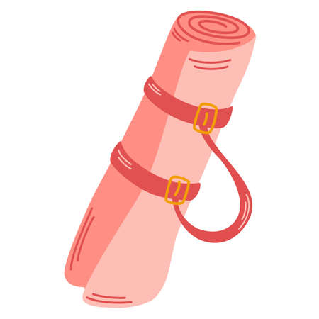 yoga mat. Exercise Mat, Rolled Yoga Mat, Yoga Strap, Carrying Case, Gym Rat. Women's Fitness. Peaceful Exercise, Arm Strap, Gym Foam Mat. Healthy lifestyle and sport. Cartoon Vector Illustrationのイラスト素材