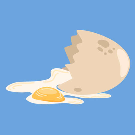 Broken egg. Cracked egg with shell and yolk isolated on blue background. hand drawn vector illustrationのイラスト素材