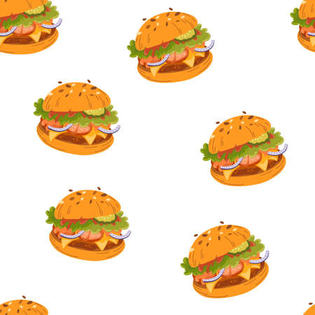 Hamburger seamless pattern. meat background. Perfect for printing, cafe, menus and restaurants, textiles, gift wrapping paper. hand drawn vector illustrationのイラスト素材