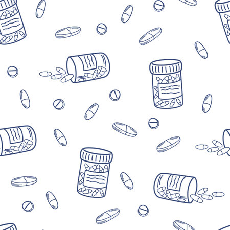 Tablets seamless pattern. Medicine outline art background. Vitamins, dietary supplements, Pills. Perfect for printing, textiles, wrapping paper. hand drawn vector illustrationのイラスト素材