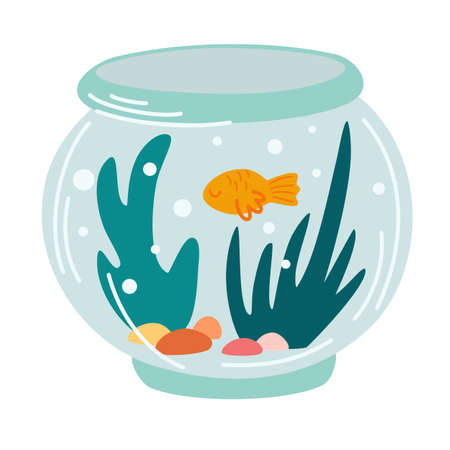 fish tanks. Round glass aquarium with goldfish and algae. An interior item with pets. Vector cartoon illustration isolated on the white background.のイラスト素材