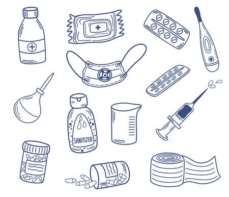 medicine outline art. Vitamins, dietary supplements, masks, sanitizer, syringes and enema, Pills. Perfect for printing, textiles, wrapping paper. hand drawn vector illustrationのイラスト素材