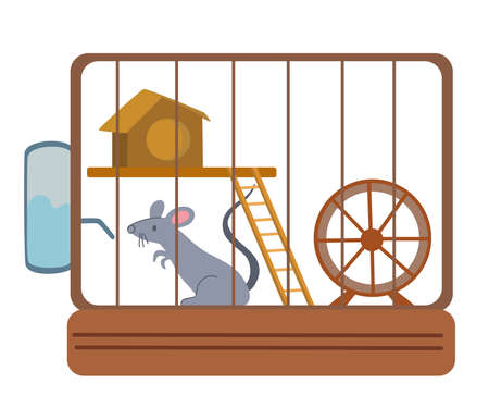 Mouse in a cage. A pet. Rodent, hamster. Hand drawn vector illustrations isolated on the white backgroundのイラスト素材